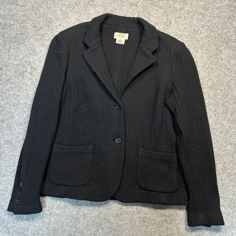 Talbots Cable Knit Wool Blazer Large Black Two Button Front Pocket Jacket